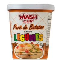 Pote de Mash Cup sabor Legumes com purê de batata e vegetais, produto prático e vegano.